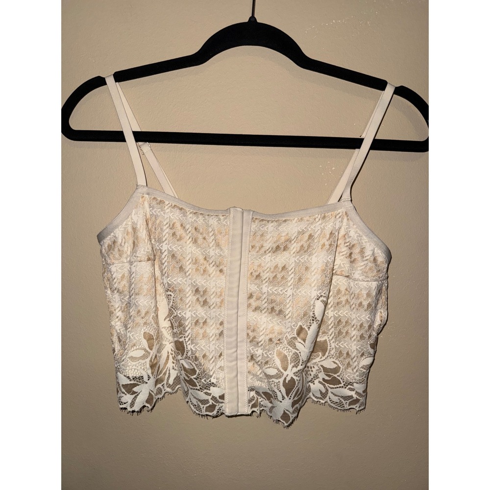 Aerie Real Good Lace Coquette Corset Crop Top‎ Cream Tan Floral Hook Eye L Fairy